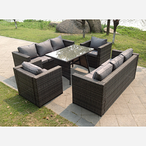Fimous 8 Seater Lounge Rattan Sofa Set Dining Table Armchairs Garden Furniture Outdoor With Clear Tempered Glass