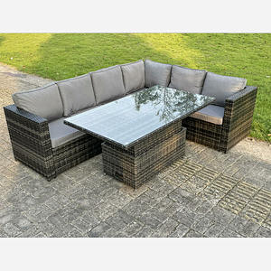 Fimous 6 Seater Rattan Corner Sofa Set Rising Adjustable Dining Table Set With Seat And Back Cushion