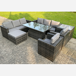Fimous 9 Seater Outdoor Rattan Garden Furniture Adjustable Rising Lifting Table With Side Table Chairs Footstool Dark Grey Mixed