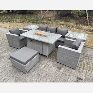 Fimous Rattan Garden Furniture Set Gas Fire Pit Lounge Sofa Chair Dining Set With 2 Side Table And 2 PC Arm Chair Footstool