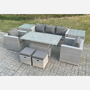 Fimous Rattan Garden Funiture Set Adjustable Rising Lifting Table Sofa Dining Set With 2 Arm Chair 2 Side Table Stools