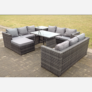 Fimous Outdoor Rattan Garden Furniture Lounge Sofa Set With Oblong Dining Table Side Coffee Table And Big Footstool