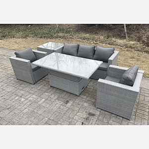 Fimous Rattan Garden Funiture Set Height Adjustable Rising Lifting Table Loung Sofa Dining Set With 2 Arm Chair Side Coffee Table