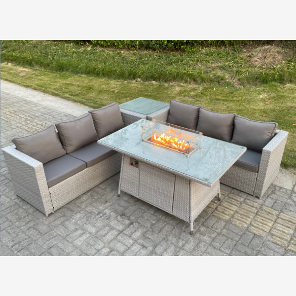 Fimous Light Grey Corner Rattan Fire Pit Garden Furniture Set Gas