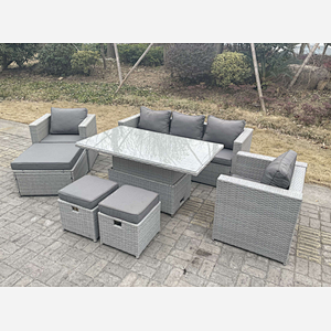 Fimous Rattan Garden Funiture Set Adjustable Rising Lifting Table Lounge Sofa Dining Set 2 Chairs Big And Small Footstool