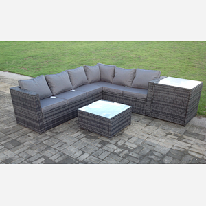 Fimous Rattan Corner Sofa Set Garden Furniture With Coffee Tall Table And Side Table