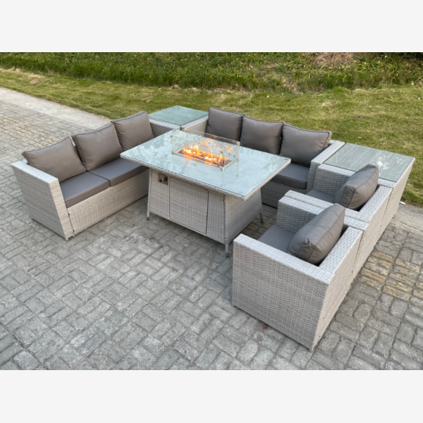 Fimous Light Grey Rattan Fire Pit Garden Furniture Set Gas Heater