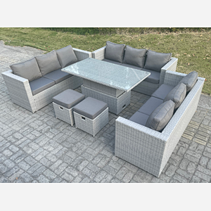 Fimous Light Grey U Shape Lounge Rattan Garden Furniture Set Adjustable Rising Lifting Table Dining Set 2 Stools
