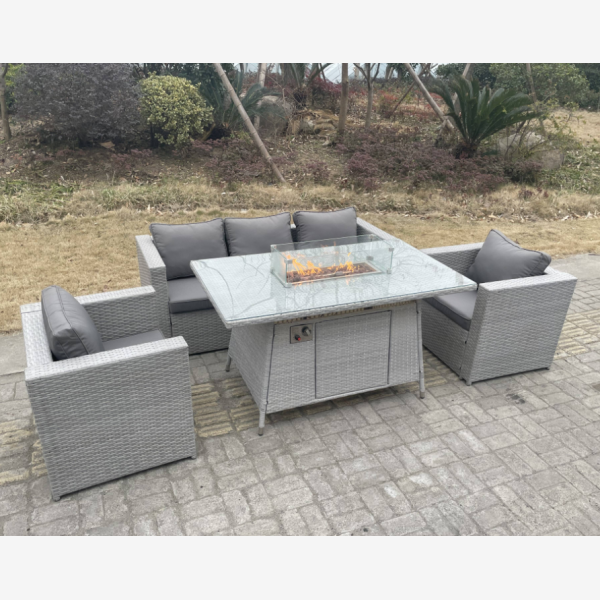 Fimous Light Grey Rattan Gas Fire Pit Garden Furniture Dining Table Set