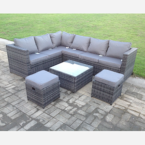 Fimous 8 Seater Rattan Corner Sofa Set With Square Coffee Table Footstools