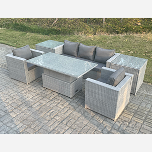 Fimous Rattan Garden Funiture Set Adjustable Rising Lifting Table Sofa Dining Set With 2 Arm Chair 2 Side Table