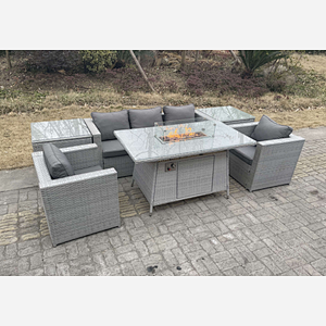 Fimous Light Grey Corner Rattan Garden Furniture Set Gas Fire Pit Heater Burner Lounge Sofa With 2 Side Coffee Table And Armchairs