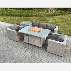 Fimous Light Grey Corner Rattan Garden Furniture Set Gas Fire Pit Dining Set Heater Lounge Sofa Side Coffee Table Armchairs