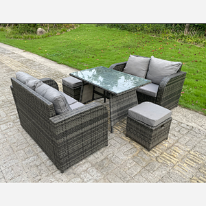 Fimous Rattan Garden Furniture Set 2 Seater Curved Arm Double Love Sofa Sofa Oblong Dining Table