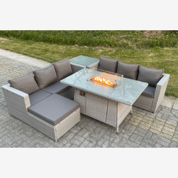 Fimous Light Grey Corner Rattan Fire Pit Garden Furniture Set Gas