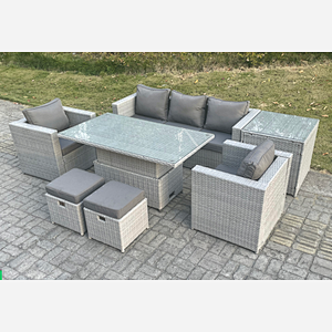 Fimous Rattan Garden Funiture Set Adjustable Rising Lifting Table Sofa Dining Set With 2 Arm Chair Side Table Stools