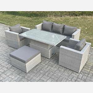 Fimous Rattan Garden Funiture Set Adjustable Rising Lifting Table Sofa Dining Set With 2 Arm Chair Big Footstool