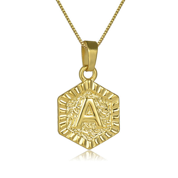 Gold Plated Stainless Steel Hexagon Letter Pendant Necklace