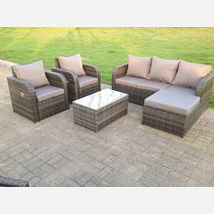 6 Seater Grey Reclining Rattan Sofa Set Coffee Table Footstool Garden Furniture Set Outdoor