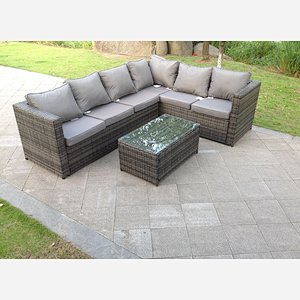 Fimous 6 Seater Mixed Grey Rattan Right Corner Sofa Set Rectangle Coffee Table Outdoor Garden Furniture