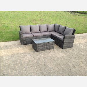 Fimous 6 Seater Right High Back Grey Rattan Corner Sofa Set Oblong Coffee Table Garden Furniture Outdoor