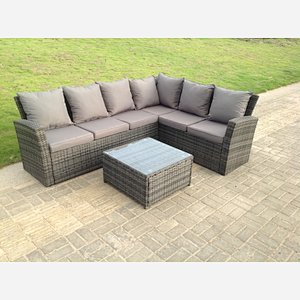 Fimous 6 Seater Right High Back Grey Rattan Corner Sofa Set Square Coffee Table Garden Furniture Outdoor
