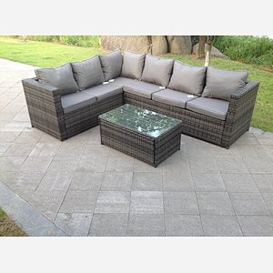 Fimous 6 Seater Mixed Grey Rattan Left Corner Sofa Set Rectangle Coffee Table Outdoor Garden Furniture